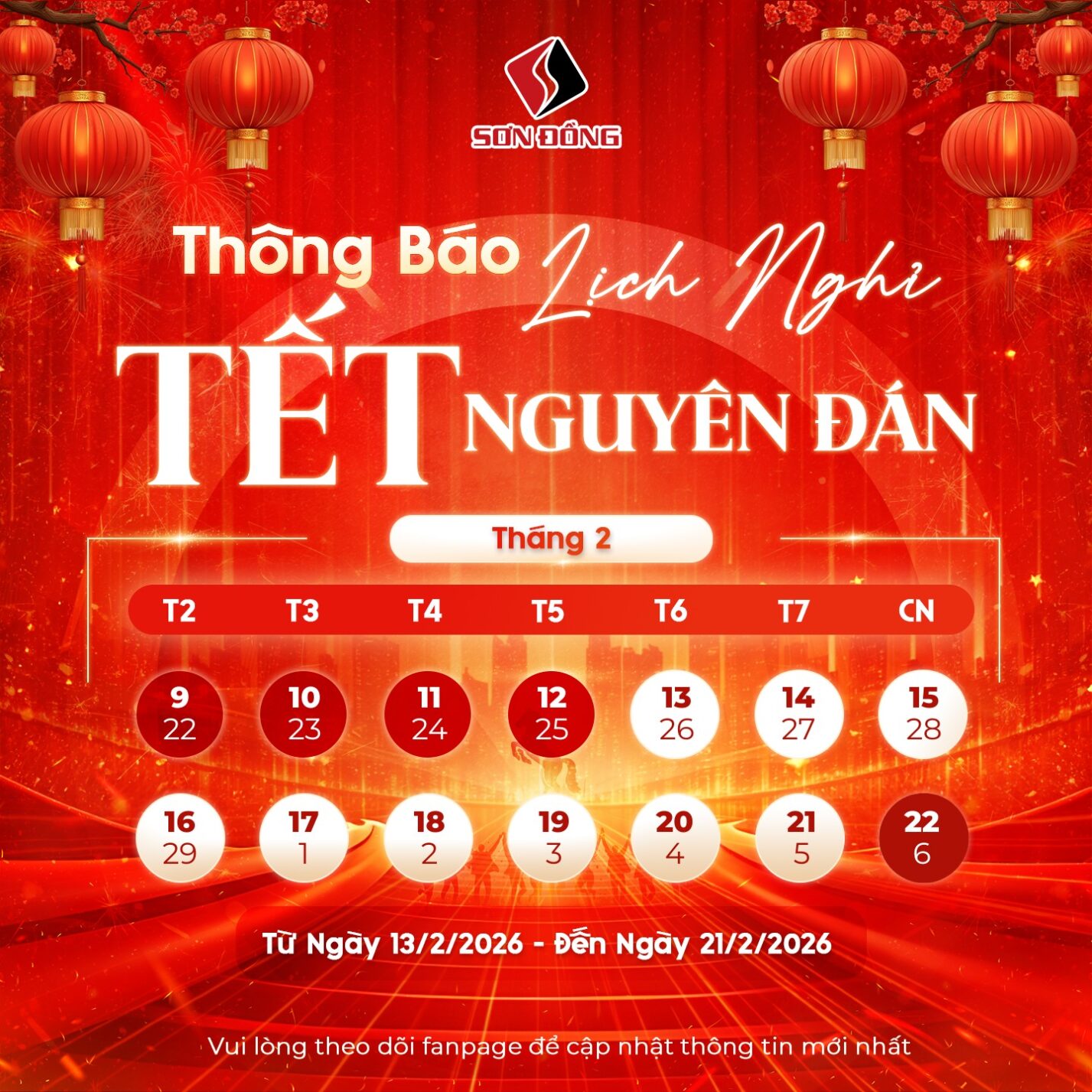 Sơn Đồng Thông Báo Lịch Nghỉ Tết Nguyên Đán 2026